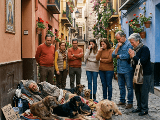 La humillación cayó sobre el vagabundo como agua sucia: frente al hotel más lujoso de la ciudad, un guardia pateó el plato de comida de sus cinco perros mientras todos aplaudían en silencio.