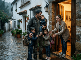 La desgracia no llamó a su puerta con ruido: llegó empapada, con dos niños dormidos en el coche y un hombre viudo con la mirada rota, como si la vida entera se hubiera quedado sin casa en una sola noche.